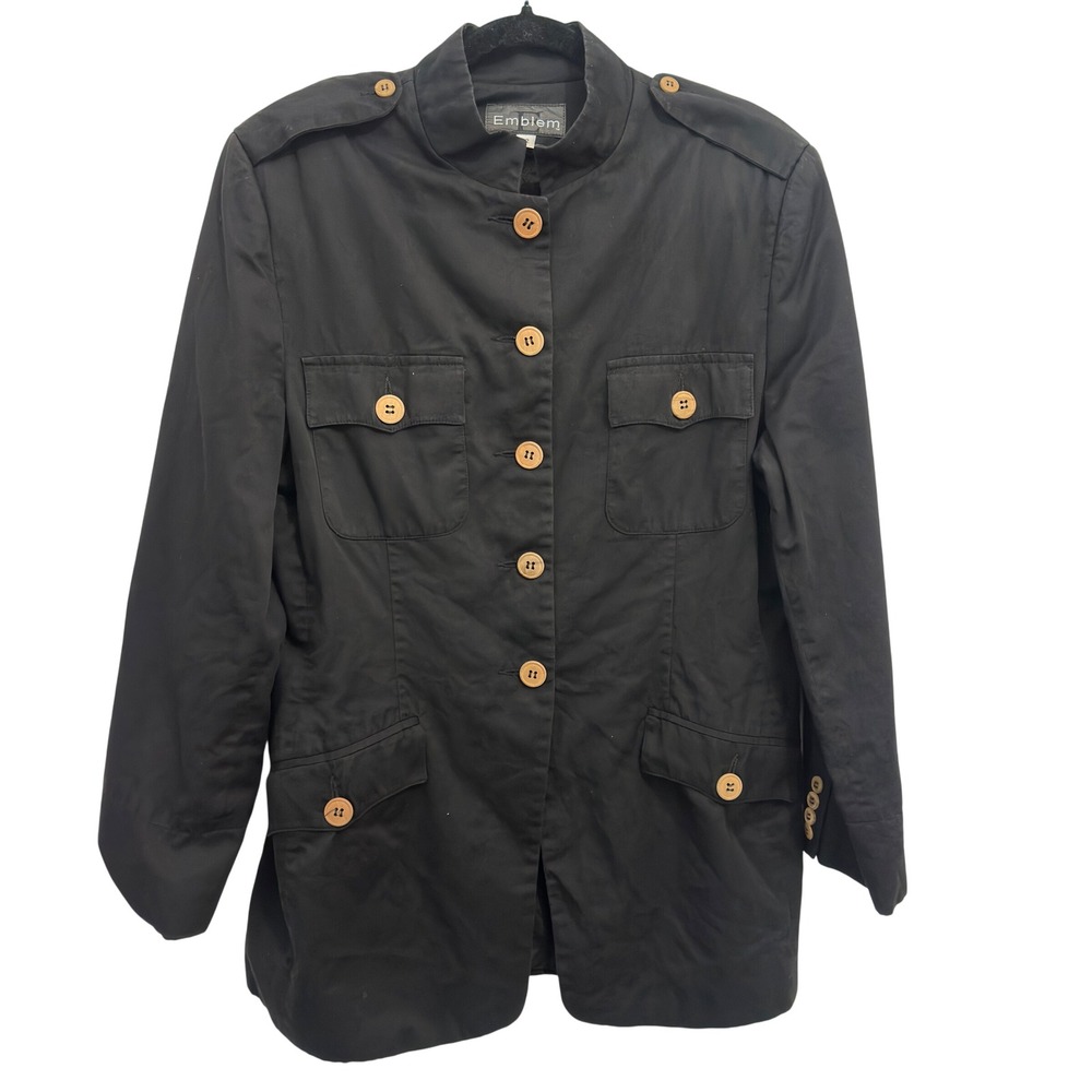 Emblem Military Jacket Vintage Black Cotton Utility Blazer Epaulettes Size 12